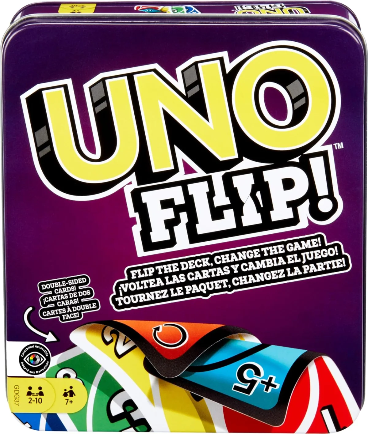 Jeu de cartes Mattel Games UNO Flip dans sa boîte métallique violette