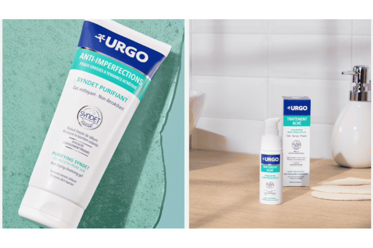 URGO gamme Anti-Imperfections Syndet Purifiant Concentré Sébo-Régulateur flacons verts salle de bain peau acnéique