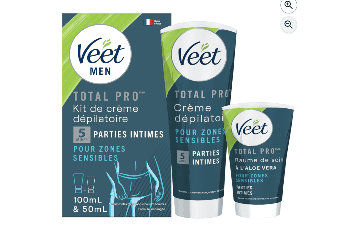 Veet Men Total Pro kit crème dépilatoire 100 ml et baume aloe vera 50 ml pour zones sensibles parties intimes emballage vert bleu fabriqué en France