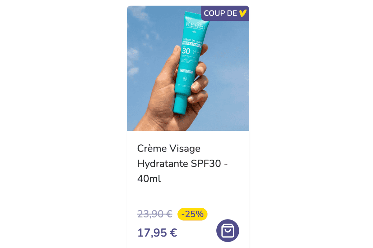 Kerbi Crème Visage Hydratante SPF30 40ml flacon turquoise main ciel bleu