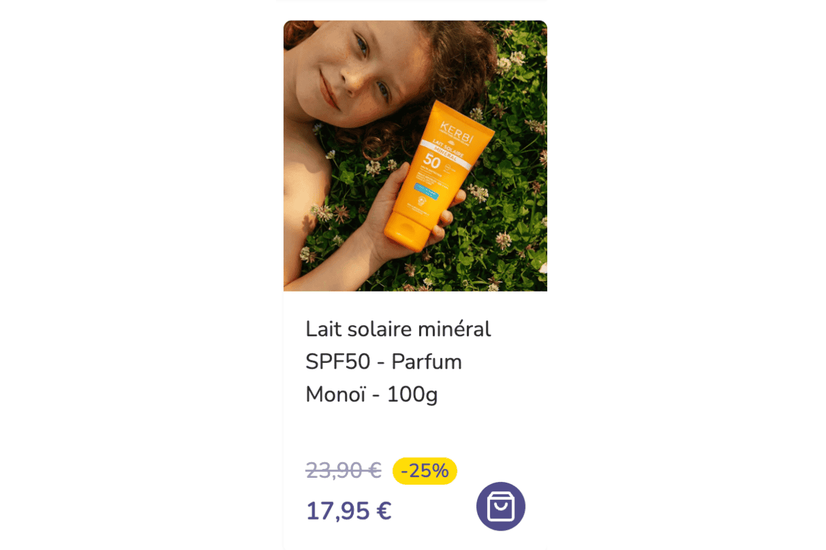 Kerbi Lait solaire minéral SPF50 Parfum Monoï 100g enfant fleurs trèfle herbe