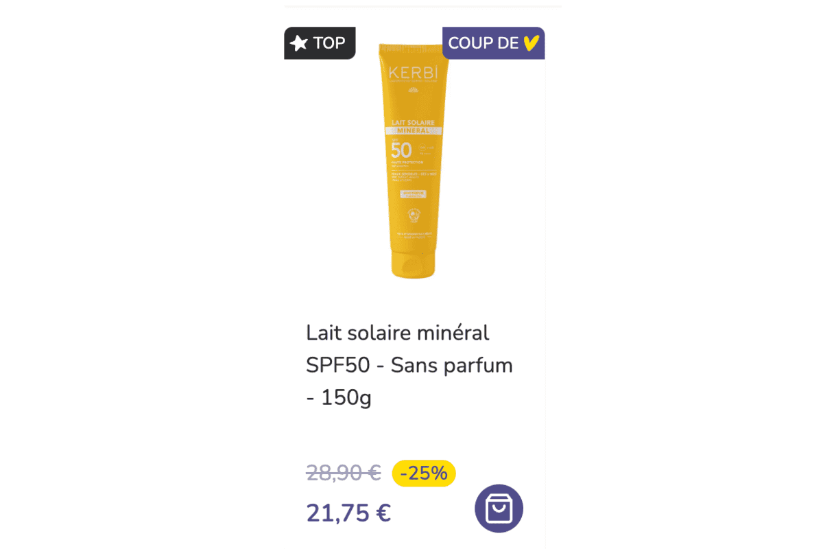 Kerbi Lait solaire minéral SPF50 sans parfum 150g format famille flacon jaune