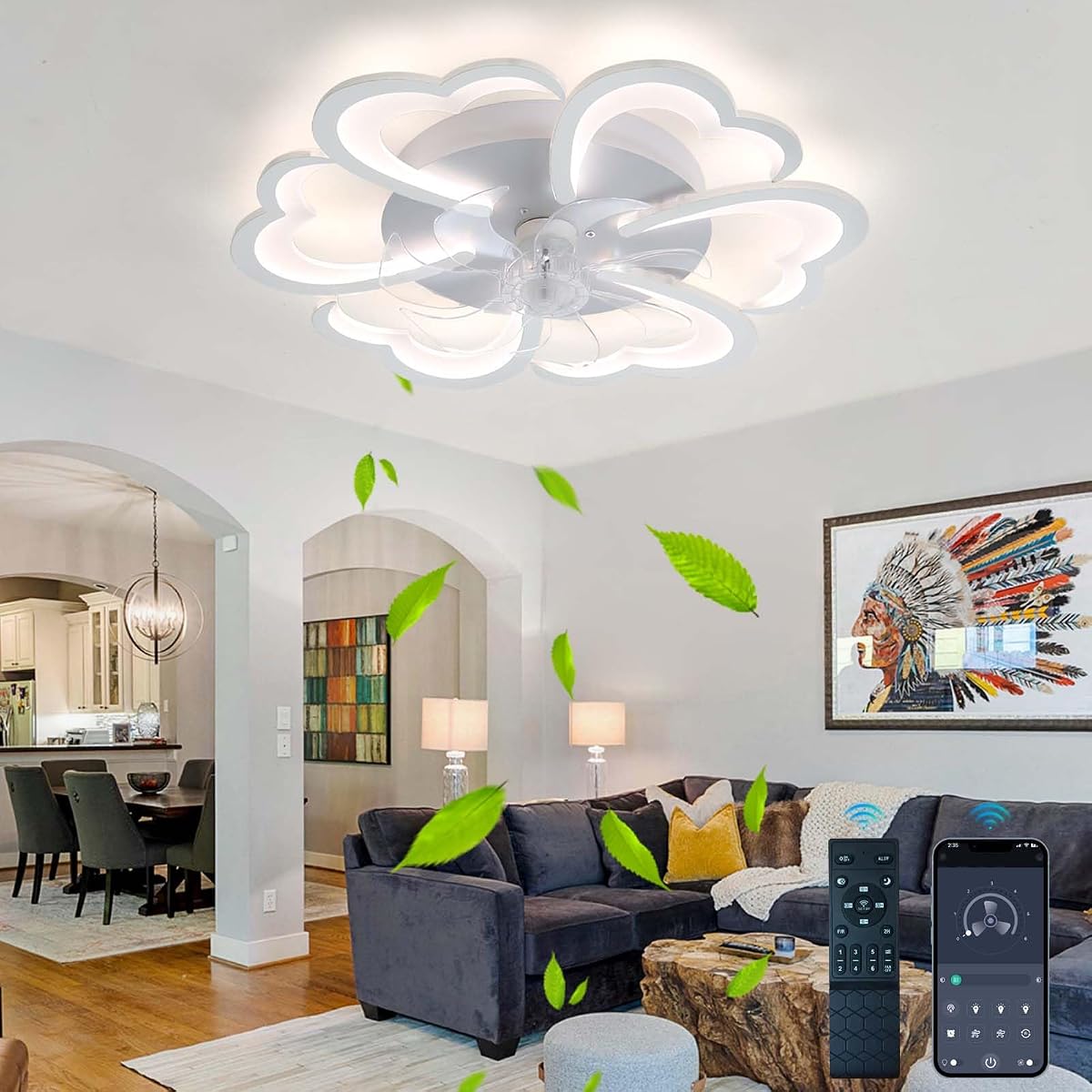 Ventilateur de plafond blanc 68 cm avec éclairage LED en forme de pétales