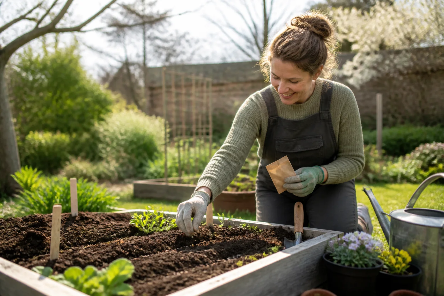 Jardinière semant des graines dans un potager pour participer à un test de produits de jardinage
