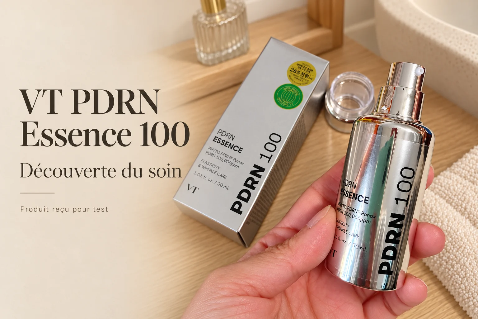 VT PDRN Essence 100 reçue gratuitement pour test avec son flacon argenté et sa boîte