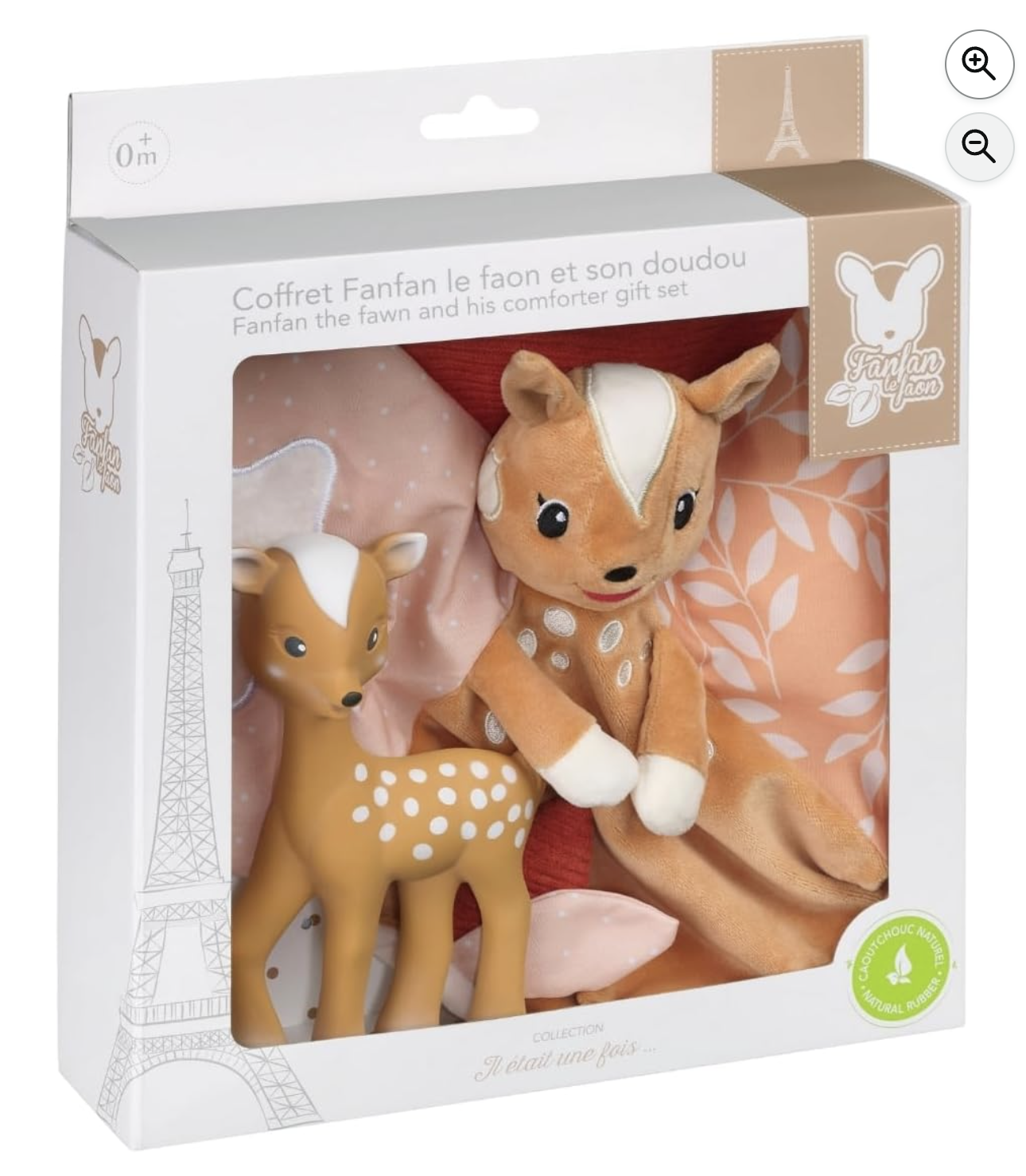 Vulli Fanfan Le Faon coffret cadeau naissance doudou attache sucette caoutchouc naturel