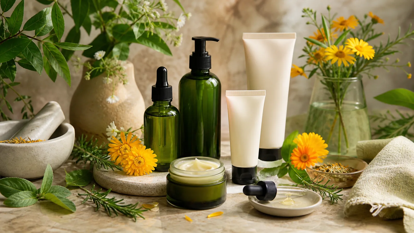 Soins cosmétiques naturels entourés de calendula, arnica et plantes