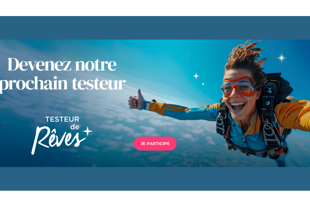 Wonderbox Testeur de Rêves : bannière 'Devenez notre prochain testeur' avec personne en chute libre au-dessus des nuages