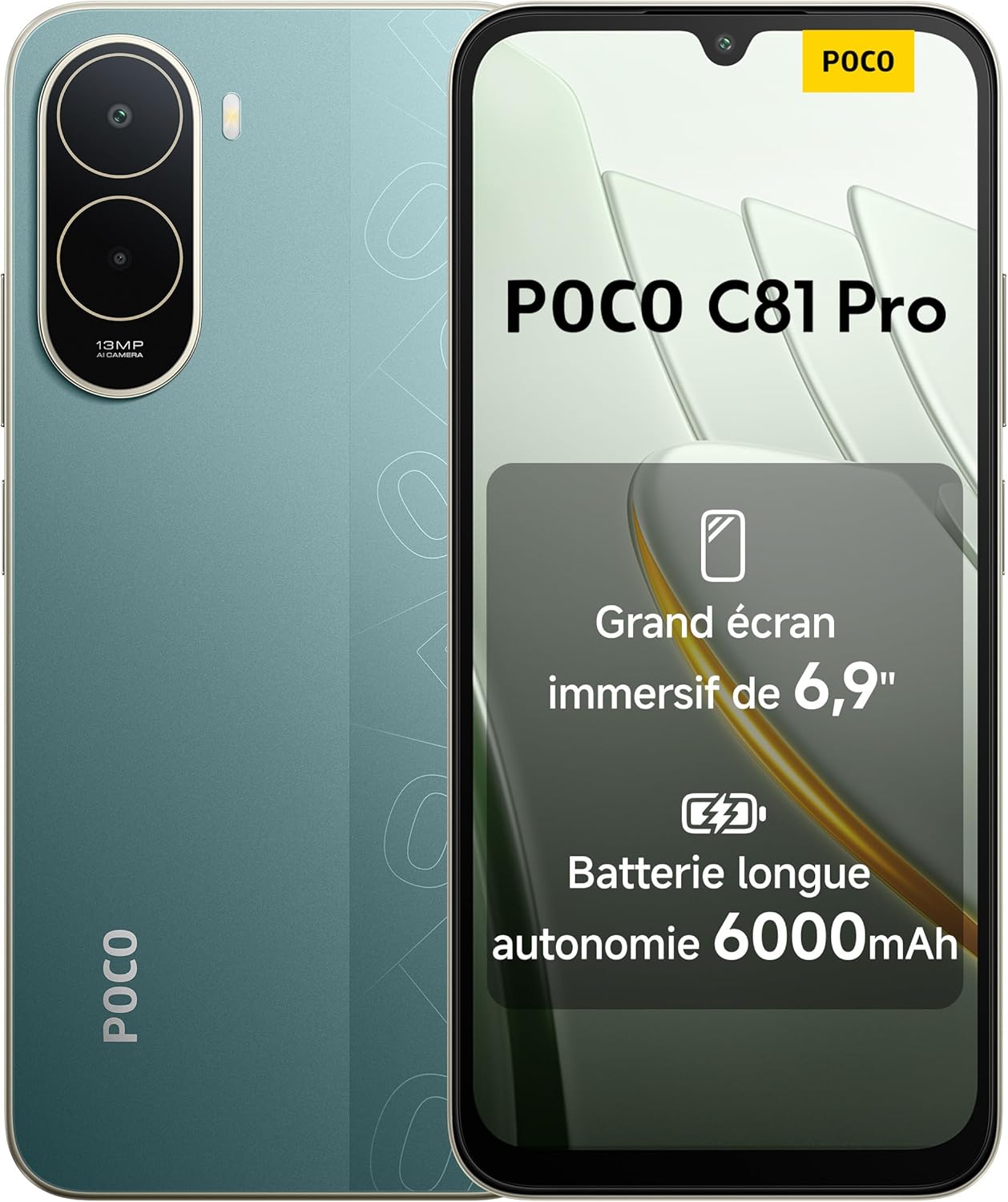 Smartphone Xiaomi POCO C81 Pro Vert 4+128 Go vu de face et de dos