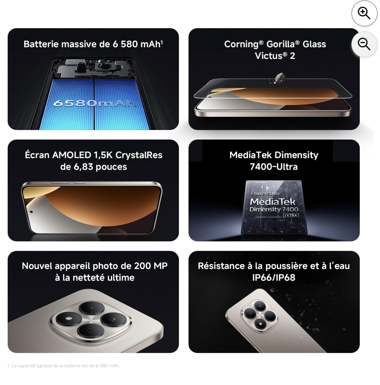 Caractéristiques du Redmi Note 15 Pro 5G : batterie 6580 mAh, Gorilla Glass Victus 2, écran AMOLED 1.5K, MediaTek Dimensity 7400, photo 200 MP, IP66/IP68