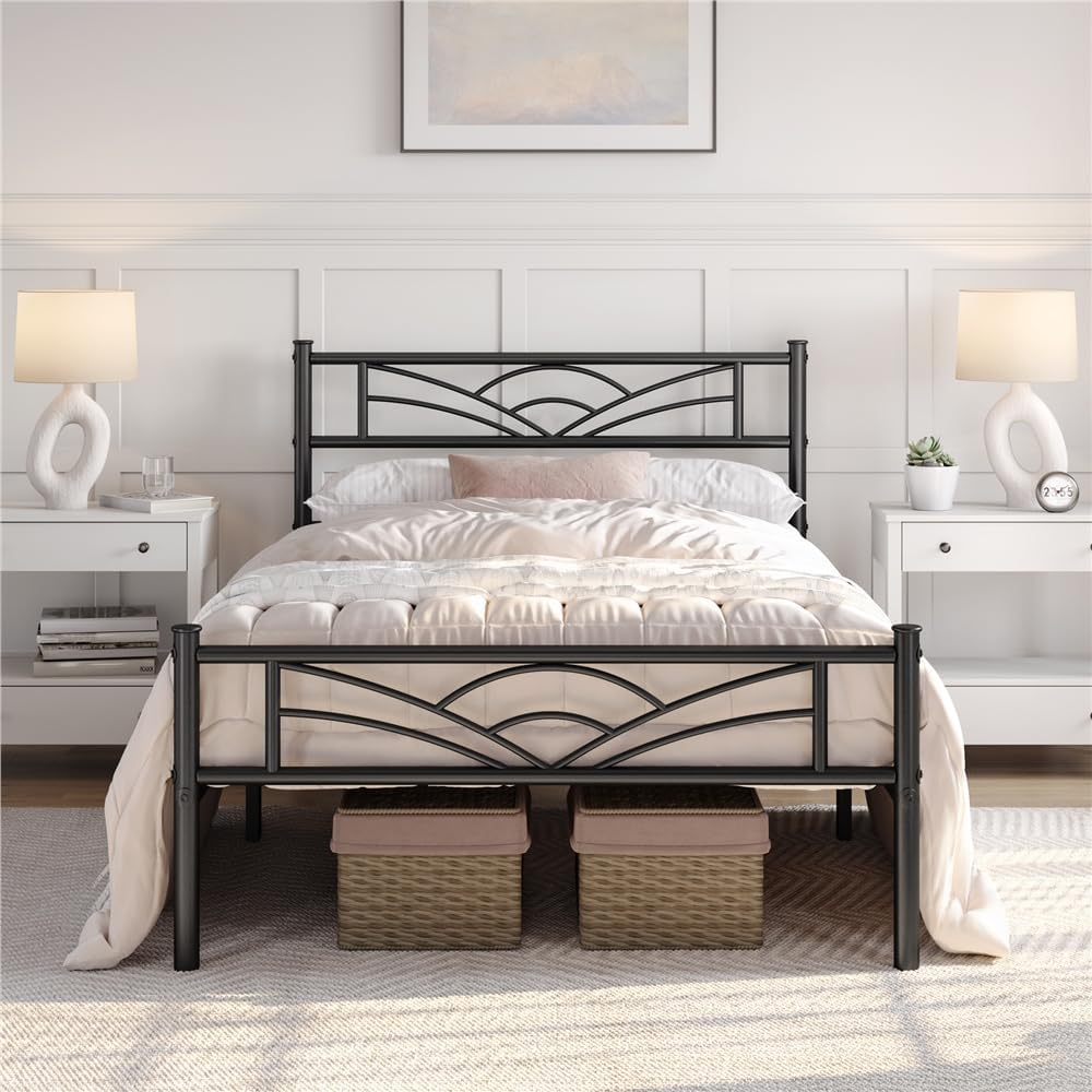 Cadre de lit simple Yaheetech 90 × 190 cm en métal noir avec tête de lit