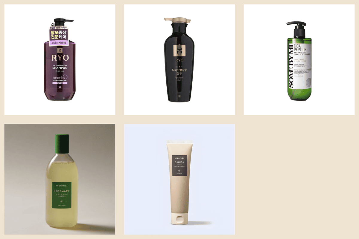 Sélection soins cheveux K-Beauty YesStyle 5 produits Ryo 9EX anti-chute Ryo Super Revital SOME BY MI Cica Peptide AROMATICA Rosemary Scalp Scaling AROMATICA Quinoa Protein Mask shampoings masque coréens
