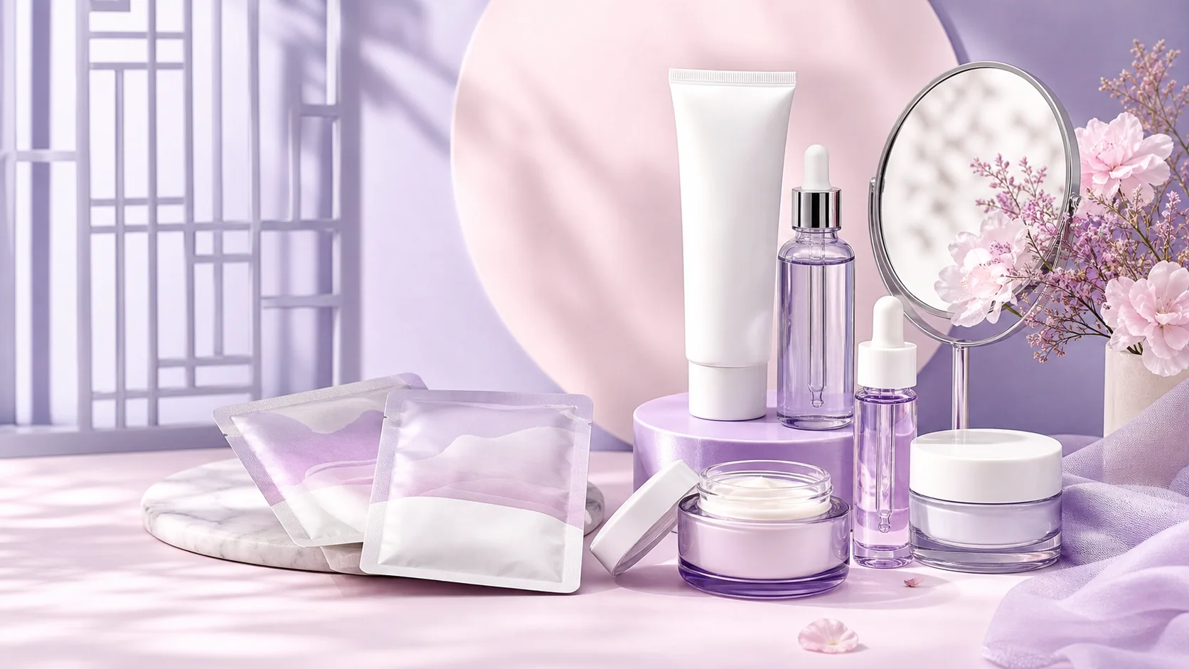 Sélection de soins coréens dans des tons rose et lavande pour illustrer les codes promo YesStyle de juillet 2026