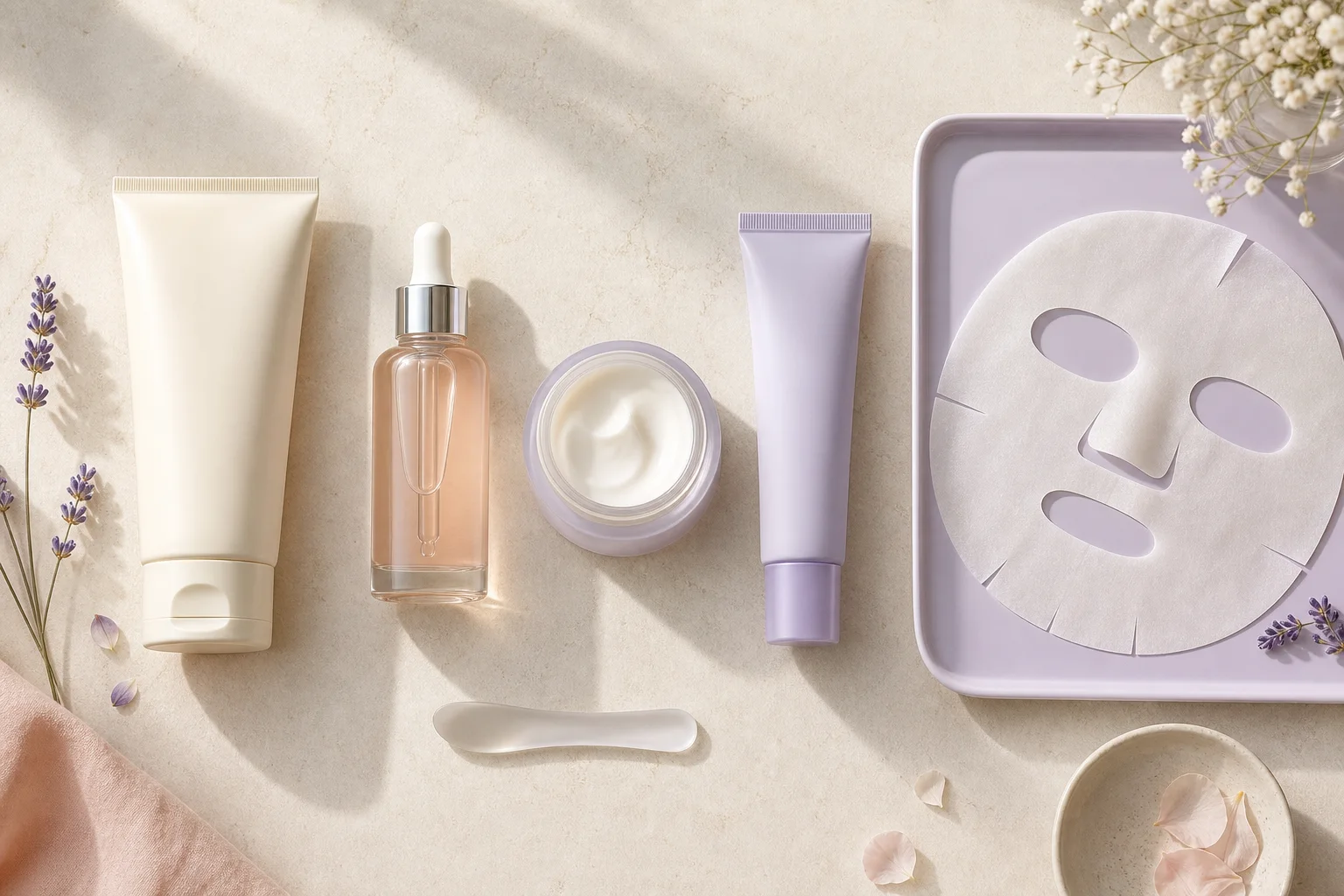 Routine de soins coréens avec nettoyant, sérum, crème, protection solaire et masque en tissu