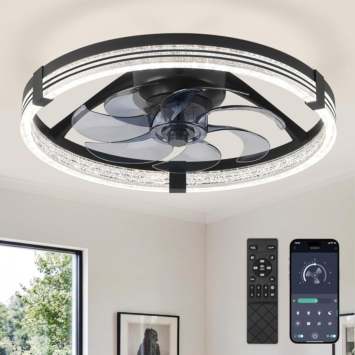 Ventilateur de plafond ZMISHIBO noir 51 cm avec LED