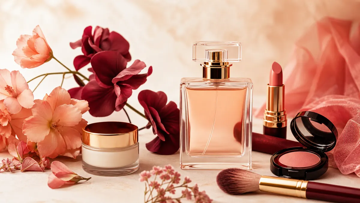 Sélection élégante de parfum, maquillage et soin aux couleurs corail et bordeaux