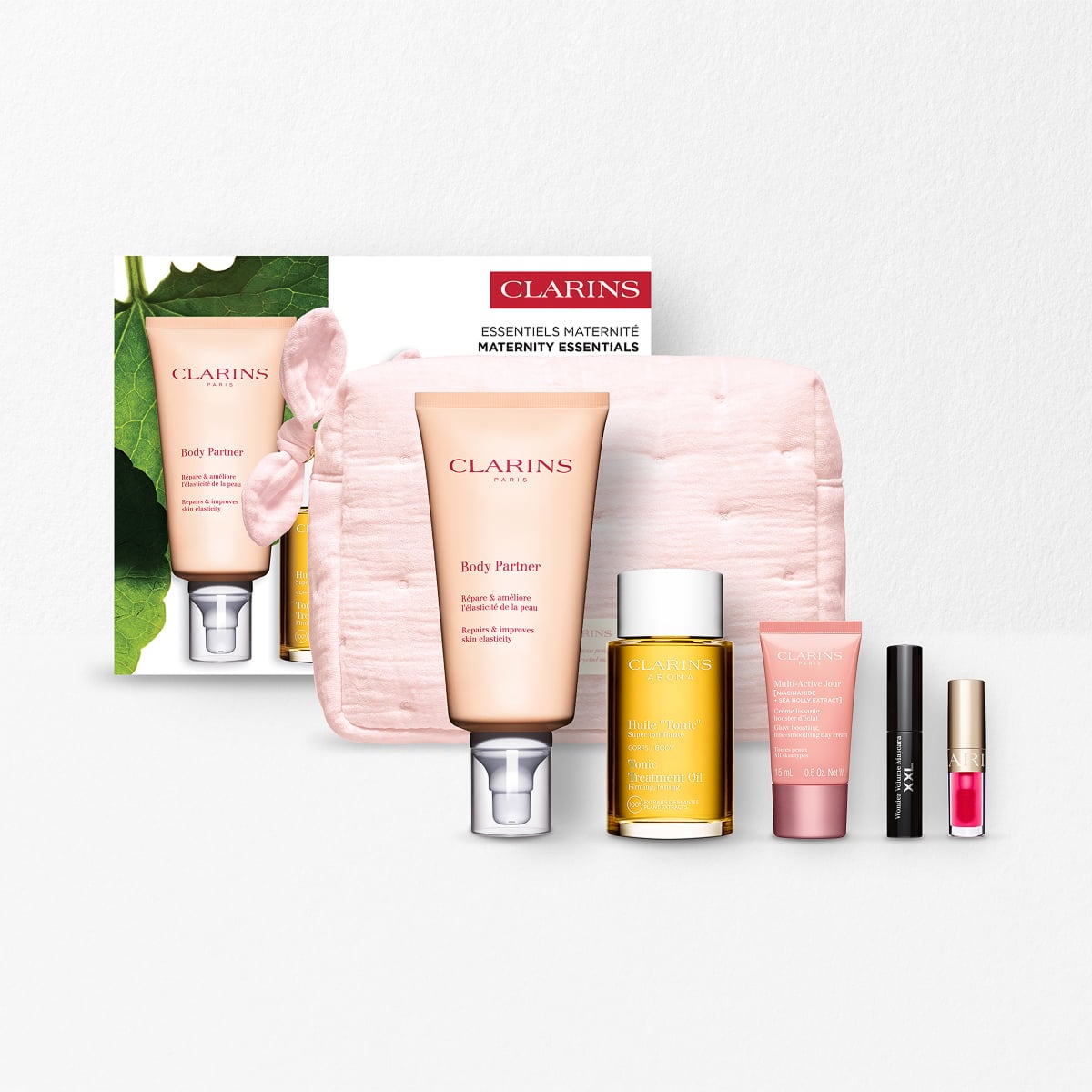 Coffret Clarins Maternity Skincare and Make-up Essentials avec soins corps, visage et maquillage