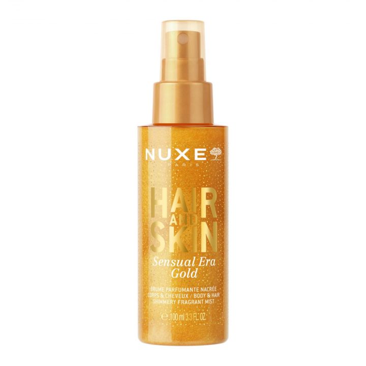 Flacon Nuxe Hair and Skin Sensual Era Gold brume parfumante nacrée corps et cheveux 100 ml