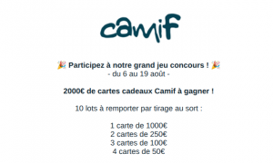 Jeu Concours Camif 2025 : Gagnez jusqu’à 1000€ en cartes cadeaux !