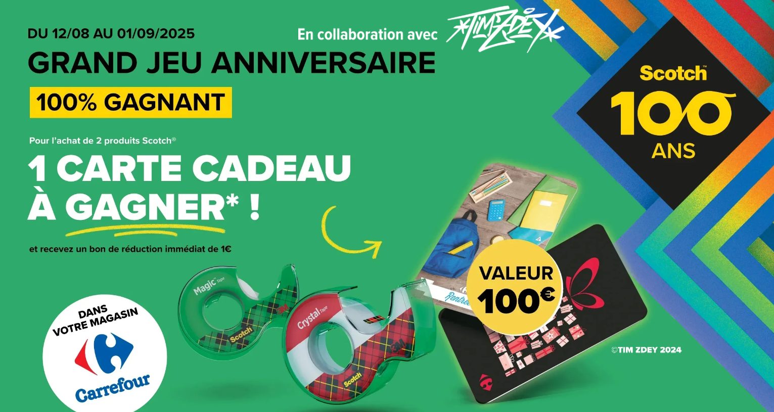 Grand Jeu Anniversaire Carrefour – 100 Ans 🎂 : 80 cartes cadeaux de 100€ + bons de réduction à gagner !