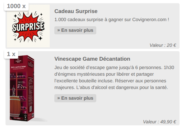 Jeu Concours Covigneron : 1000 lots surprises + 1 Vinescape Game Décantation à gagner !